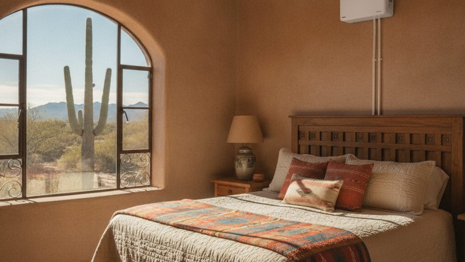 Casita de huéspedes con una unidad interior de minisplit sobre la cama en una renta de corto plazo en Tucson con luz del desierto en la ventana