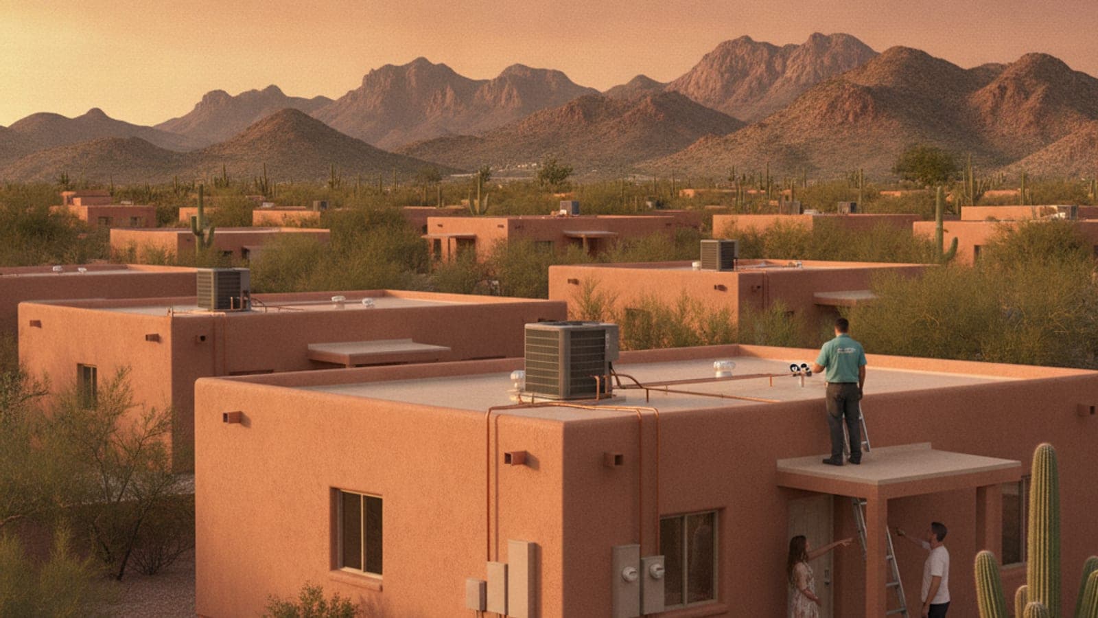 Cielo anaranjado y polvoso al atardecer sobre un vecindario de casas de estuco en Tucson con las montañas Santa Catalina al fondo