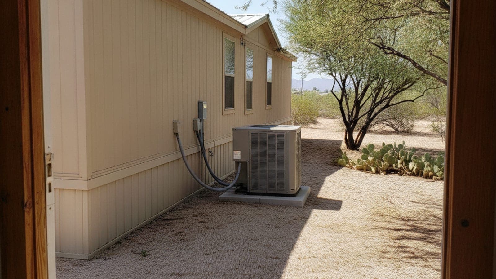 Casa manufacturada en un parque de la zona de Tucson con una bomba de calor compacta a nivel del piso junto al faldón, patio de grava, mezquite y escoba del desierto
