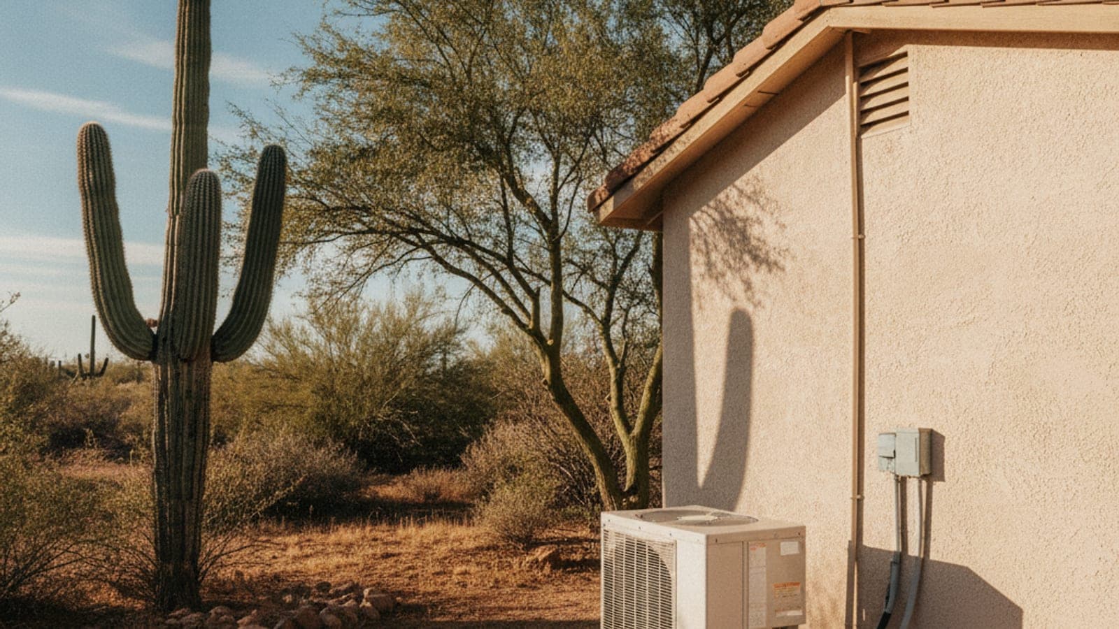 Casita pequeña separada con exterior de estuco y una unidad exterior de minisplit sobre una base de grava, con un palo verde cerca