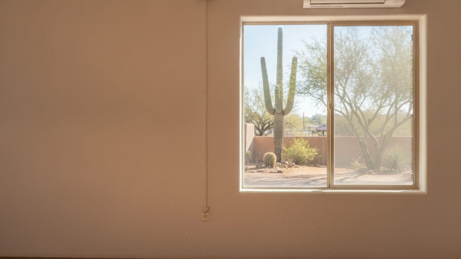 Unidad interior de pared sin ductos en el cuarto luminoso de una casita en Tucson, con vista a un patio con saguaro y palo verde