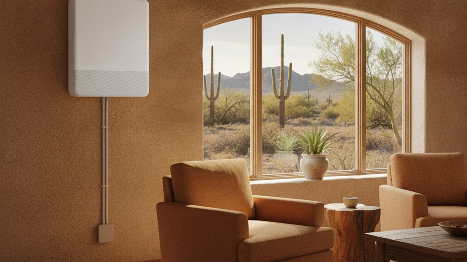 Unidad interior de pared sin ductos en una sala luminosa de Tucson con pared de estuco por fuera y un saguaro visible por la ventana