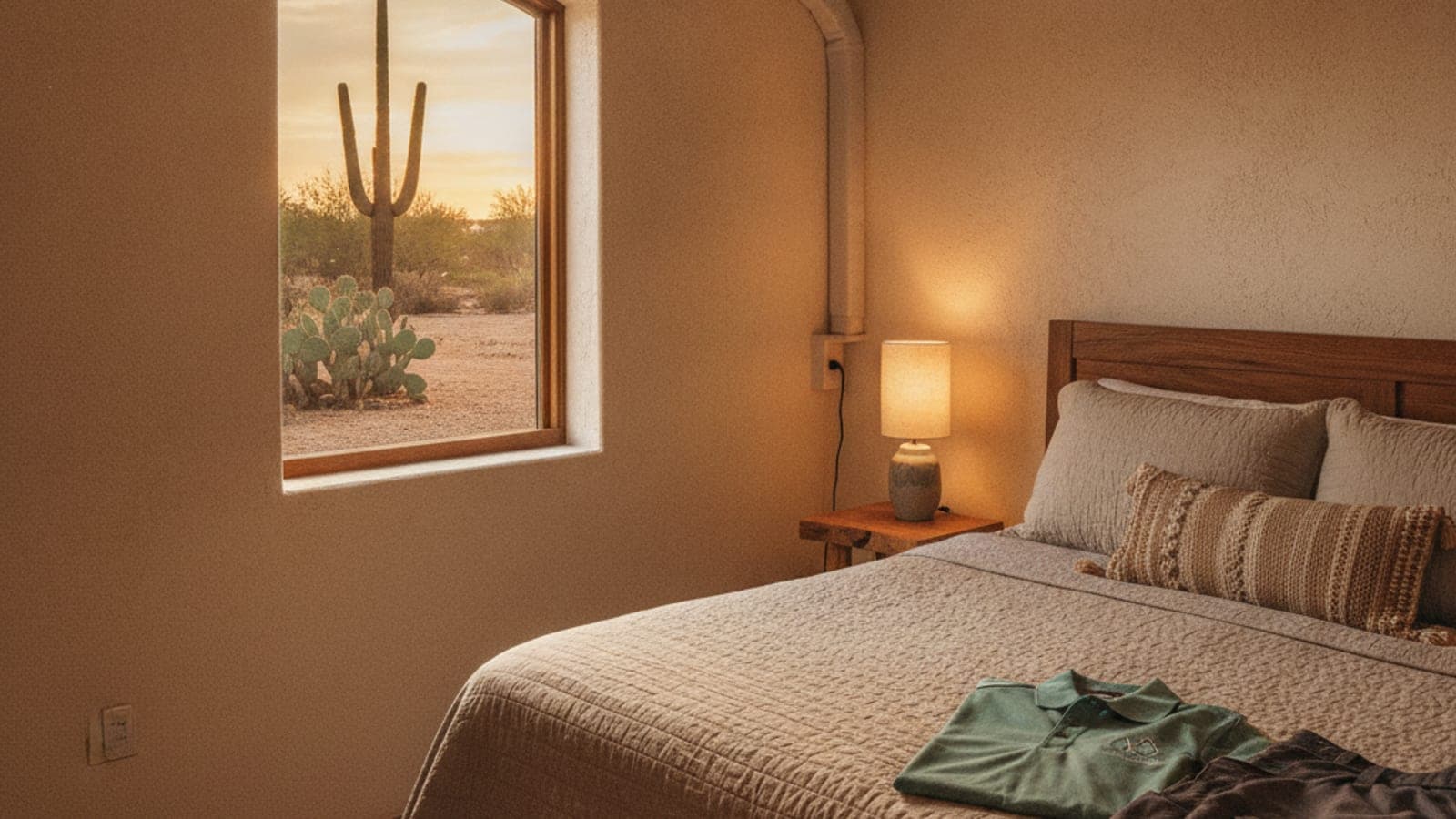 Casita en Tucson con una unidad interior de minisplit montada en la pared sobre una cama y luz de desierto entrando por la ventana