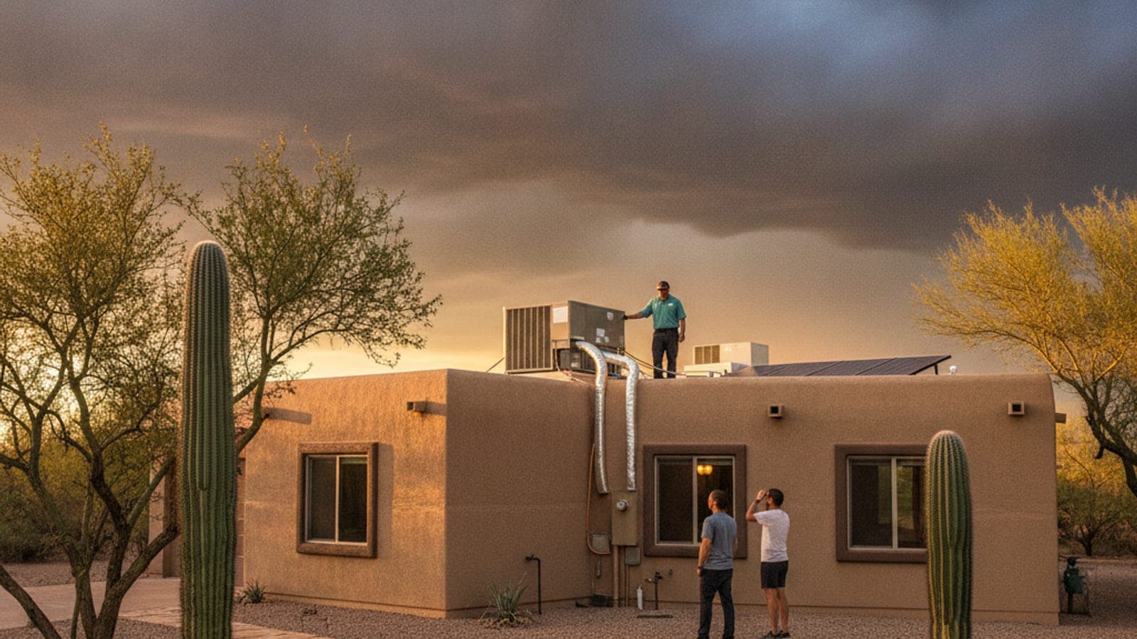 Casa de estuco en Tucson bajo imponentes nubes de tormenta de la monzón con una unidad de aire en el techo con luz cálida de atardecer