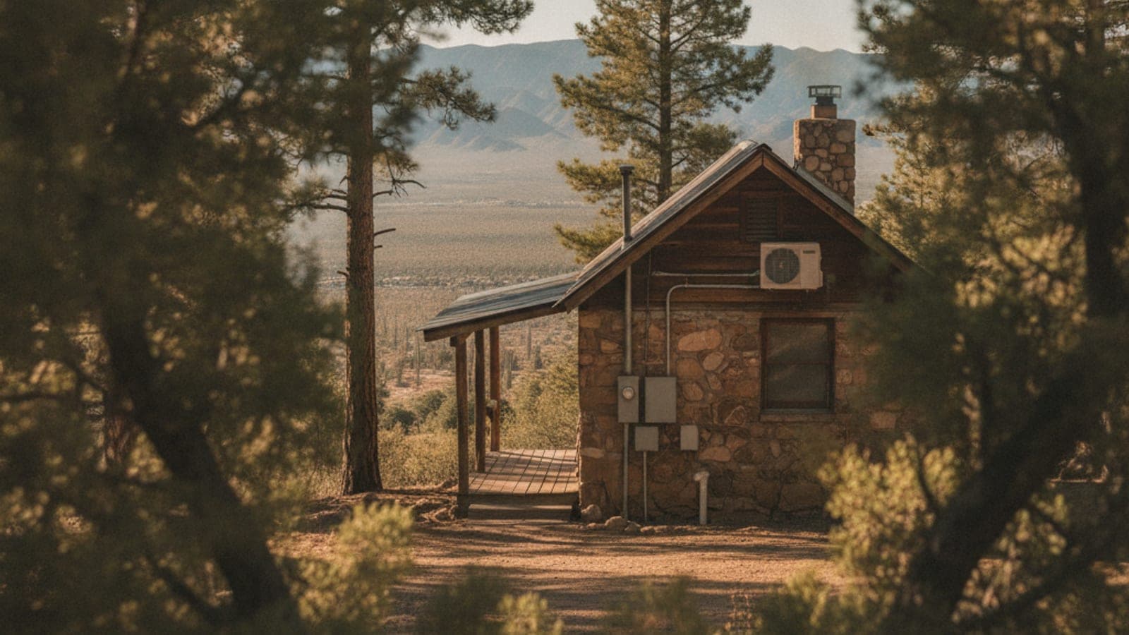 Pequeña cabaña de montaña entre pinos ponderosa en Mount Lemmon con luz clara y el valle del desierto muy abajo