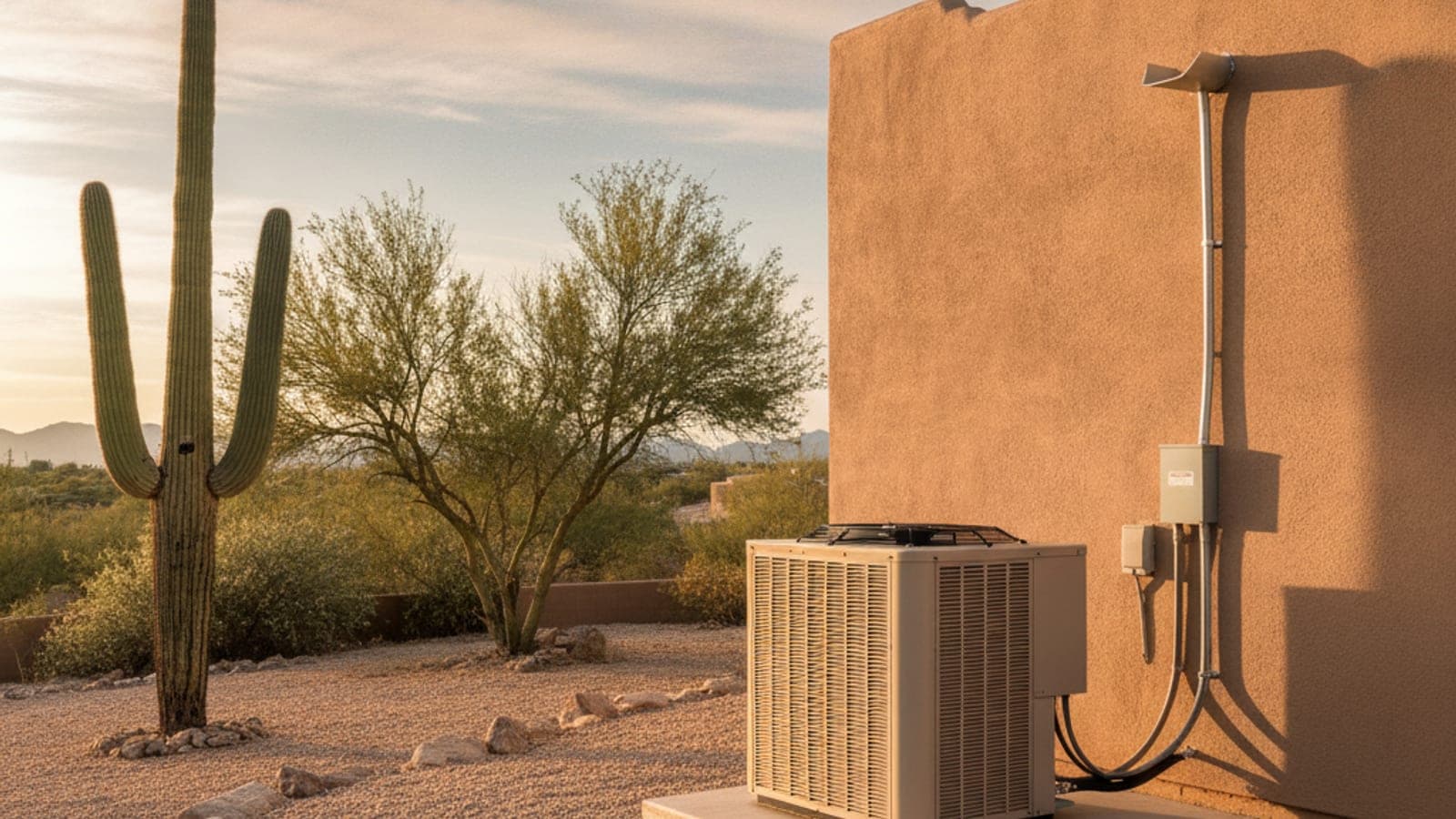 Condensador de aire acondicionado a nivel del piso sobre una base de concreto junto a una casa de estuco con techo plano en Tucson, con patio de grava y un saguaro