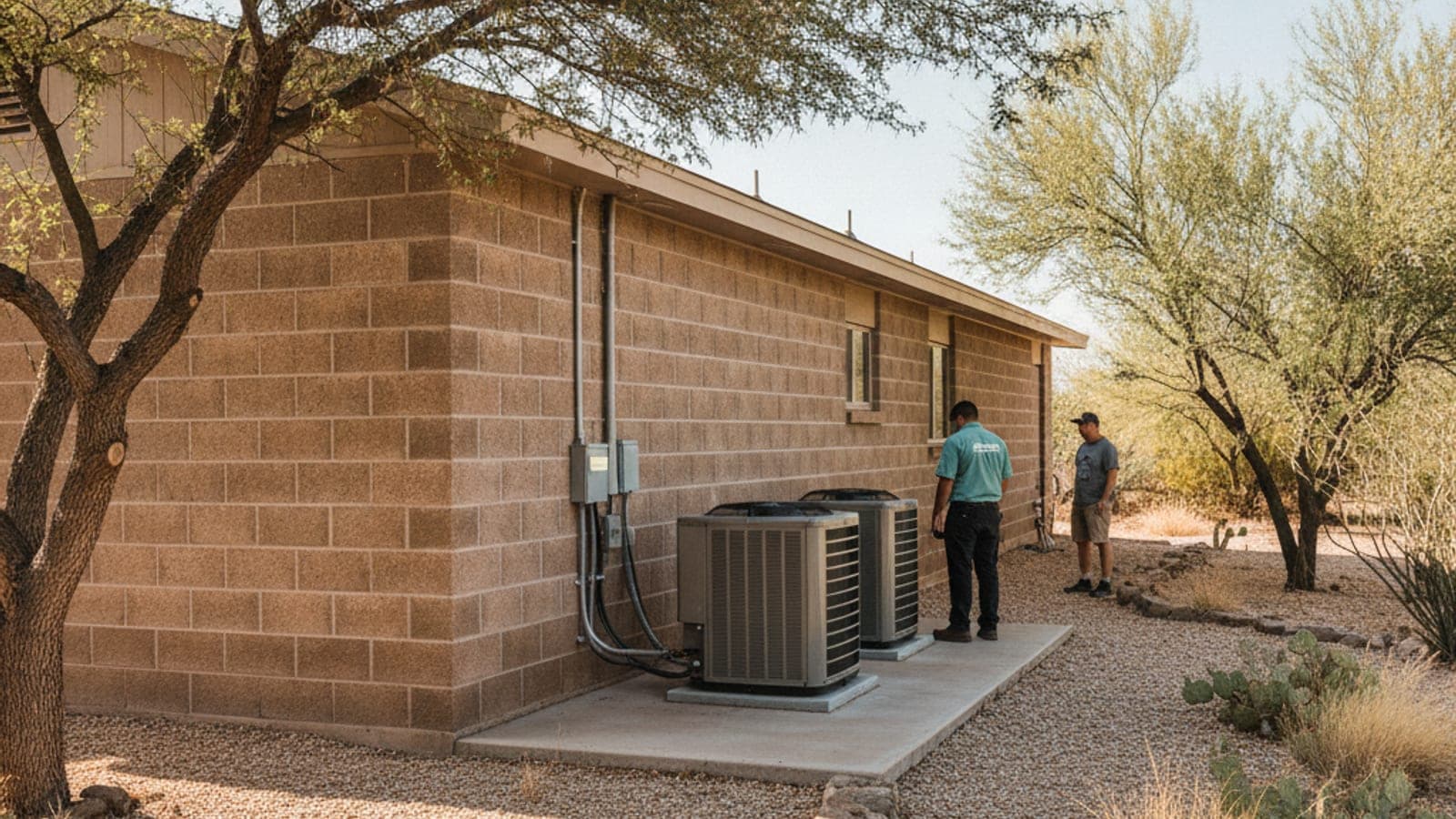 Exterior de una casa de bloque en Tucson con dos unidades exteriores de bomba de calor sobre una base de concreto y árboles de mezquite en el patio