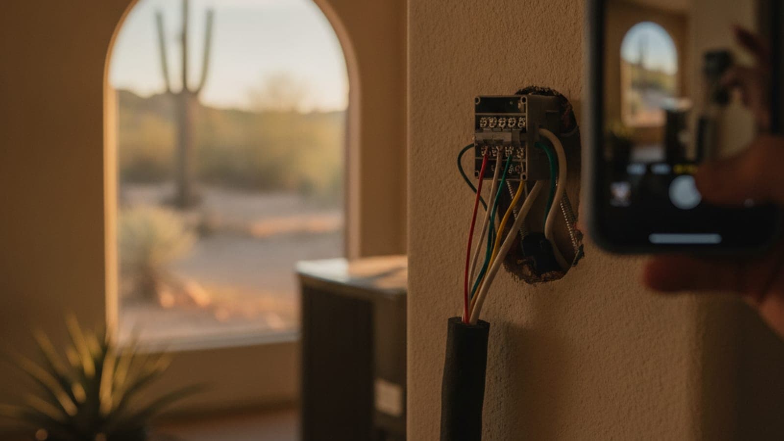 Cables del termostato detrás de una placa de pared retirada en una casa de Tucson, con cables etiquetados y la cámara de un teléfono