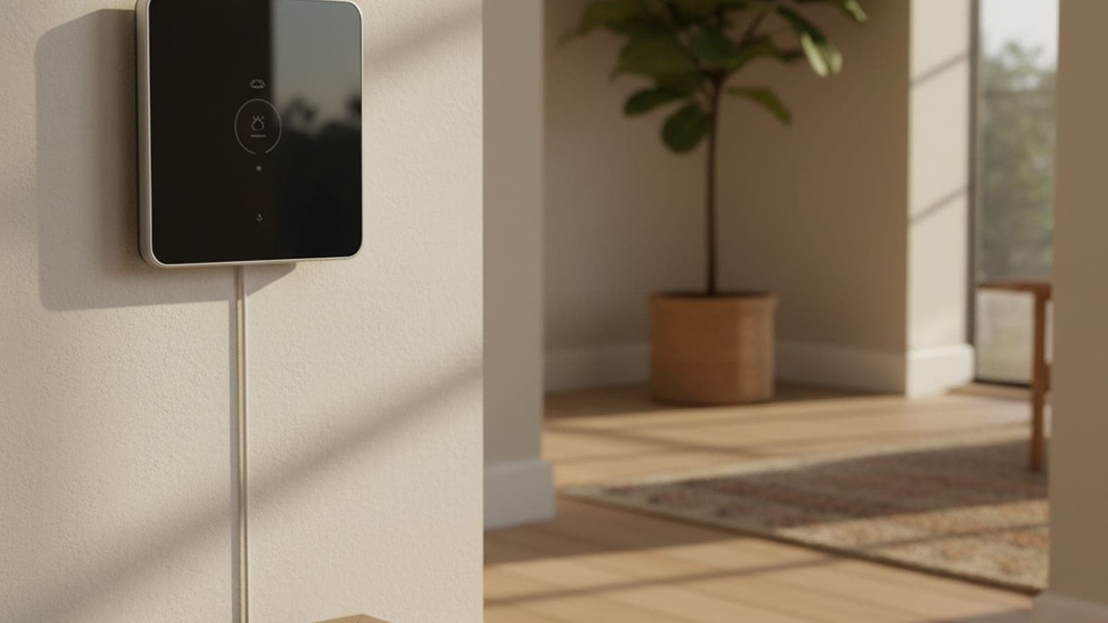 Un termostato inteligente moderno con pantalla de vidrio oscuro en una pared clara