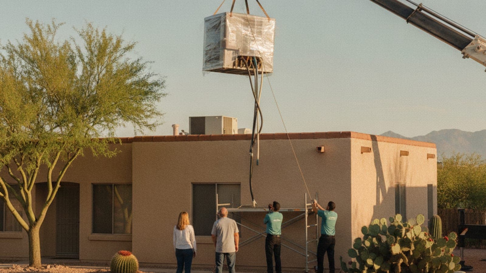 Grúa levantando una unidad de aire acondicionado empacada sobre el techo plano de una casa de estuco en Tucson, bajo el sol brillante del desierto