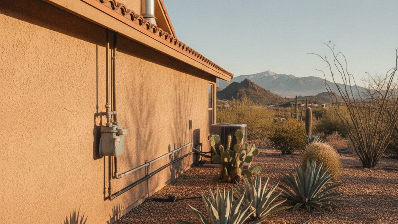 Exterior de una casa de estuco en Tucson con un medidor de gas y un tubo de ventilación en la pared lateral bajo luz clara de invierno