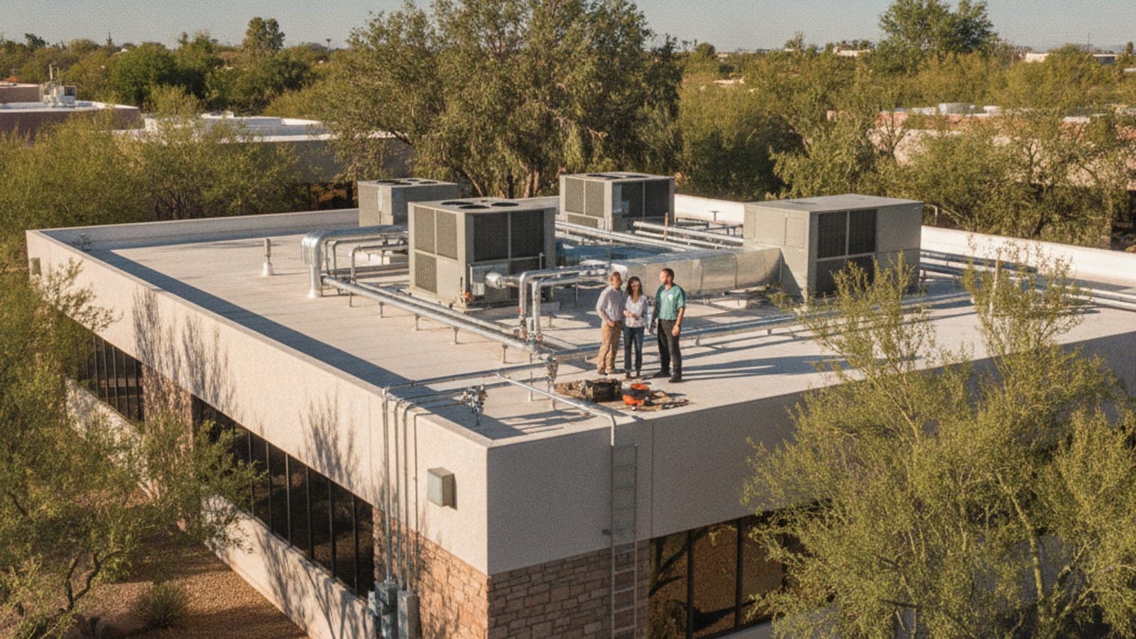 Edificio de oficinas de poca altura con techo plano y unidades de HVAC en el techo bajo un cielo brillante de Tucson