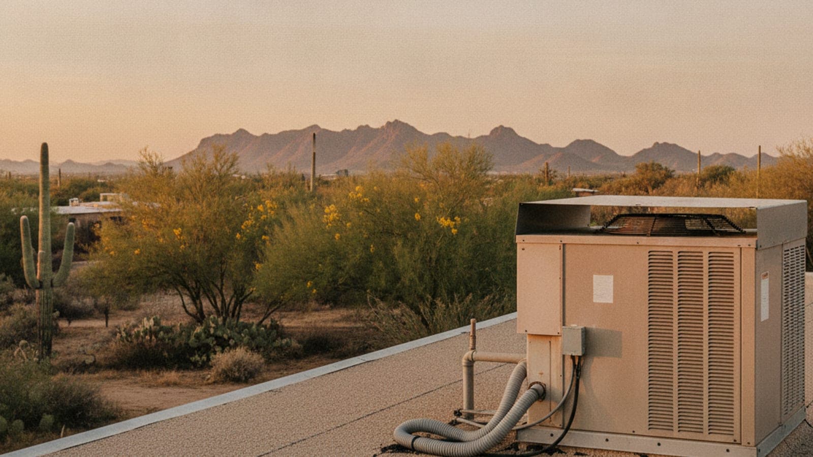 Unidad paquete de HVAC en el techo plano de una casa estilo rancho en Tucson con árboles de palo verde abajo