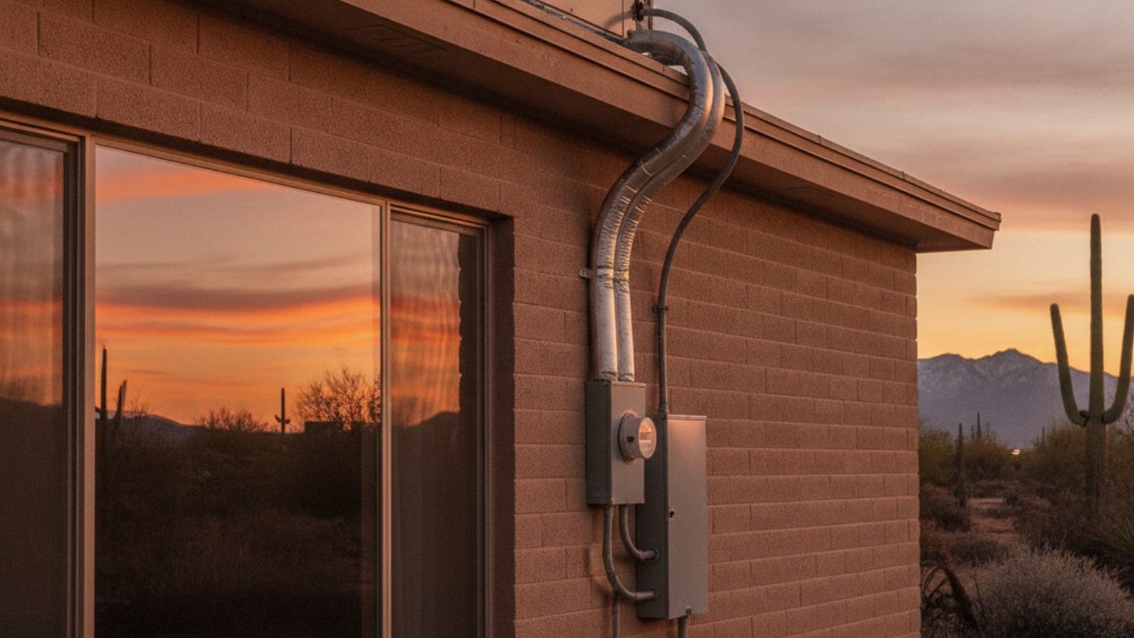 Casa de block de un piso en Tucson con ventanas grandes al poniente y una unidad compacta en el techo sobre el parapeto