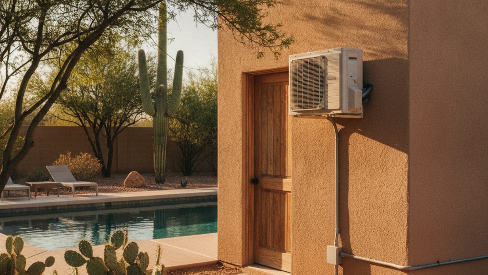 Pequeña casa de alberca de estuco con una unidad de minisplit visible por la puerta y una alberca en un patio trasero del desierto con saguaro