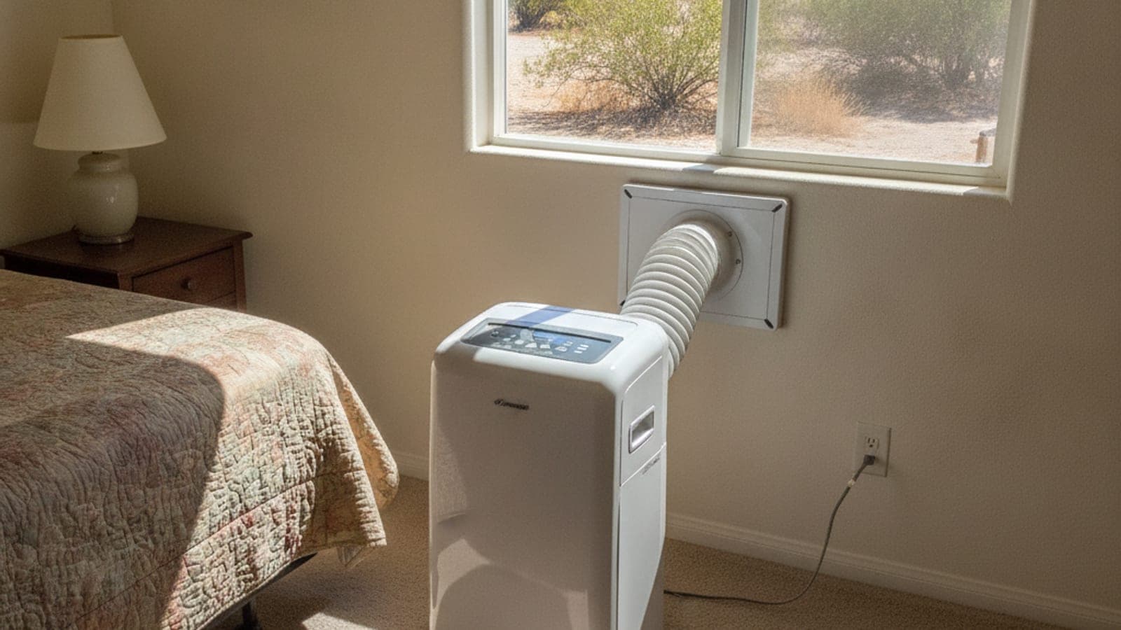 Aire acondicionado portátil con una manguera de escape que sale a una ventana en una recámara pequeña de una casa de Tucson con luz brillante de desierto