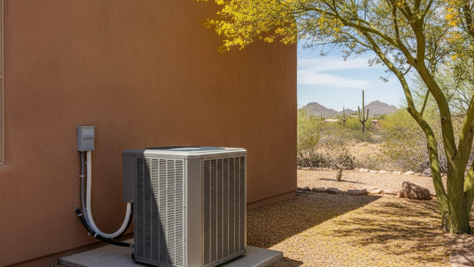 Casa en Tucson con un condensador de AC a nivel del suelo y grava limpia alrededor bajo un cielo brillante de primavera