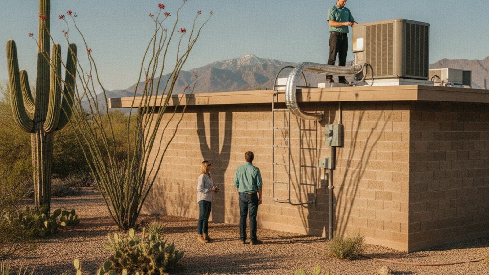 Casa de techo plano en Tucson con una unidad compacta en el techo bajo un cielo despejado de primavera y un saguaro