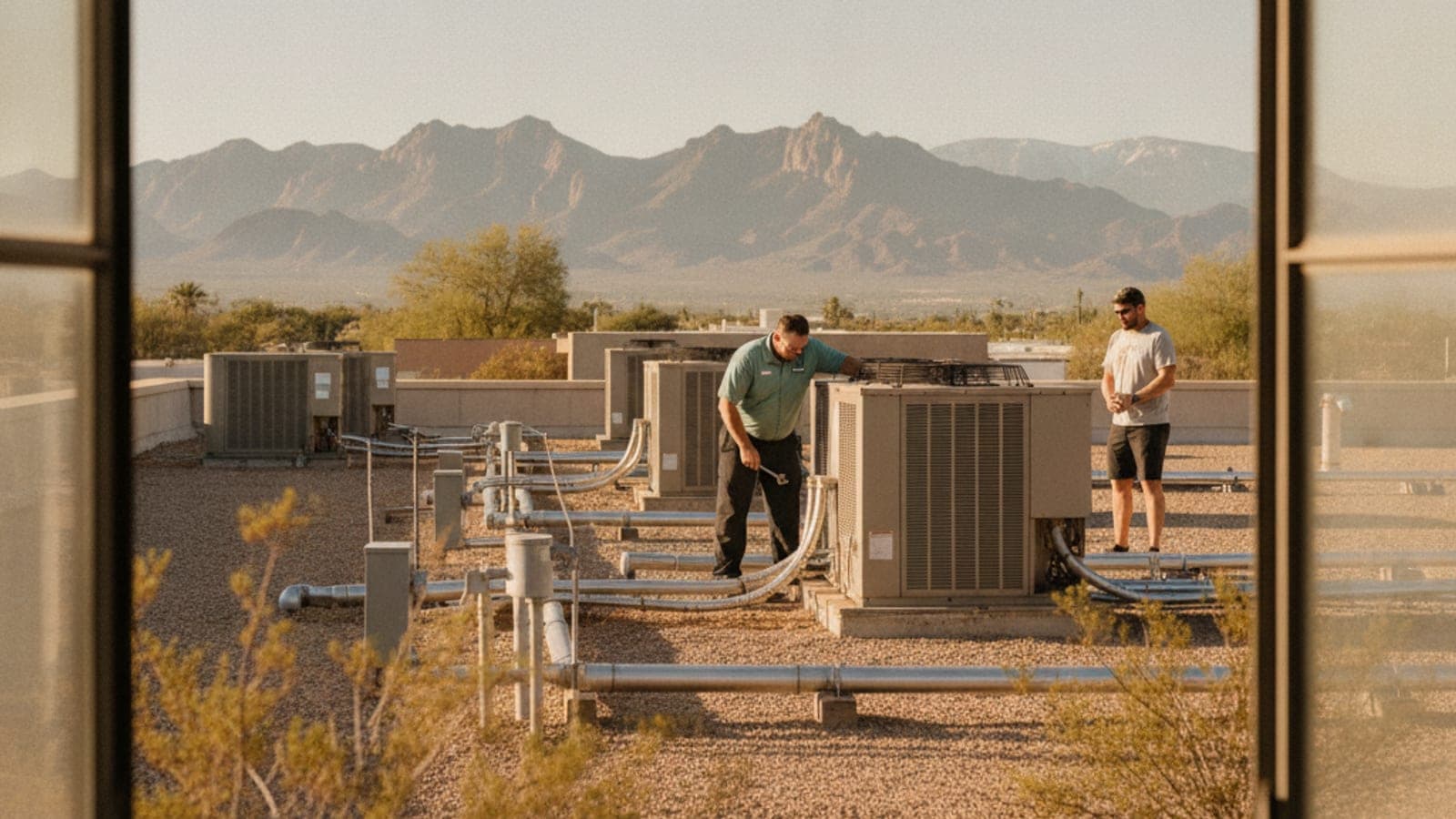 Unidades de HVAC en el techo de un edificio comercial bajo en Tucson, con montañas del desierto a lo lejos