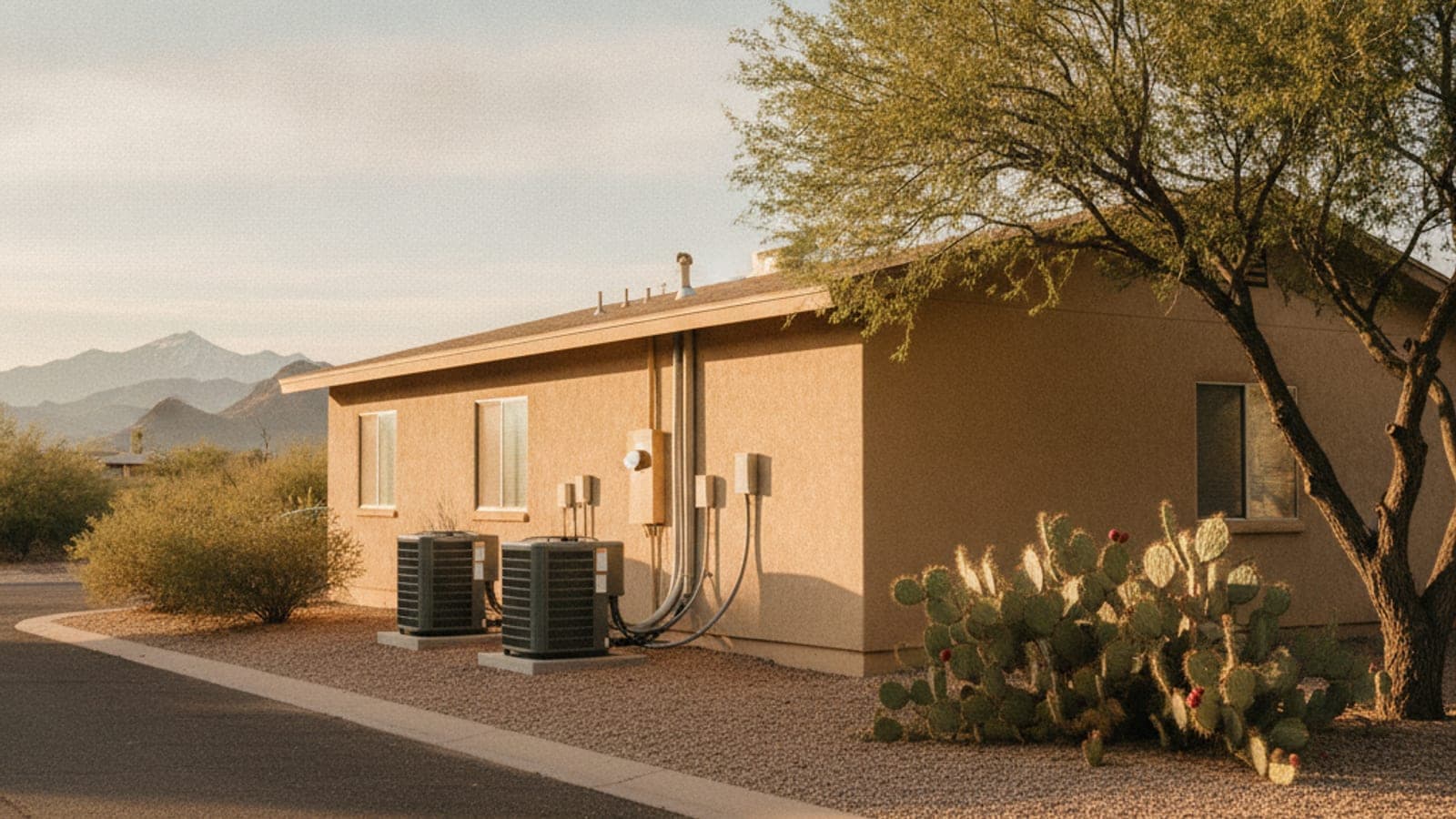 Dúplex de renta de un piso con exterior de estuco y unidades de aire acondicionado sobre grava bajo el sol brillante de Tucson
