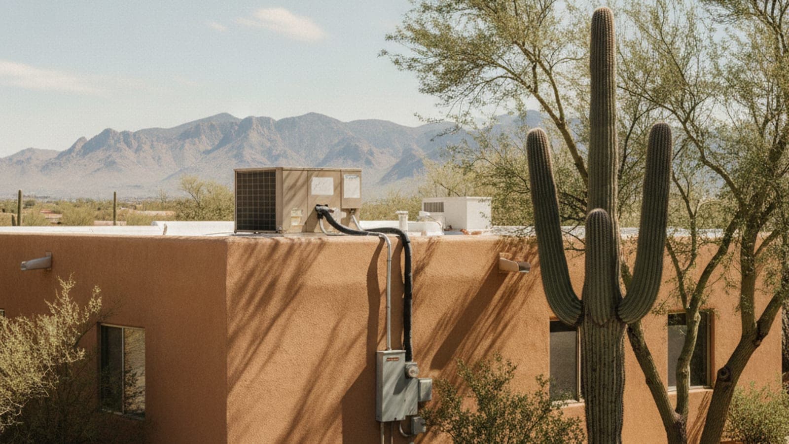 Unidad paquete de aire acondicionado vieja en el techo plano de una casa de estuco en Tucson contra un cielo despejado de desierto