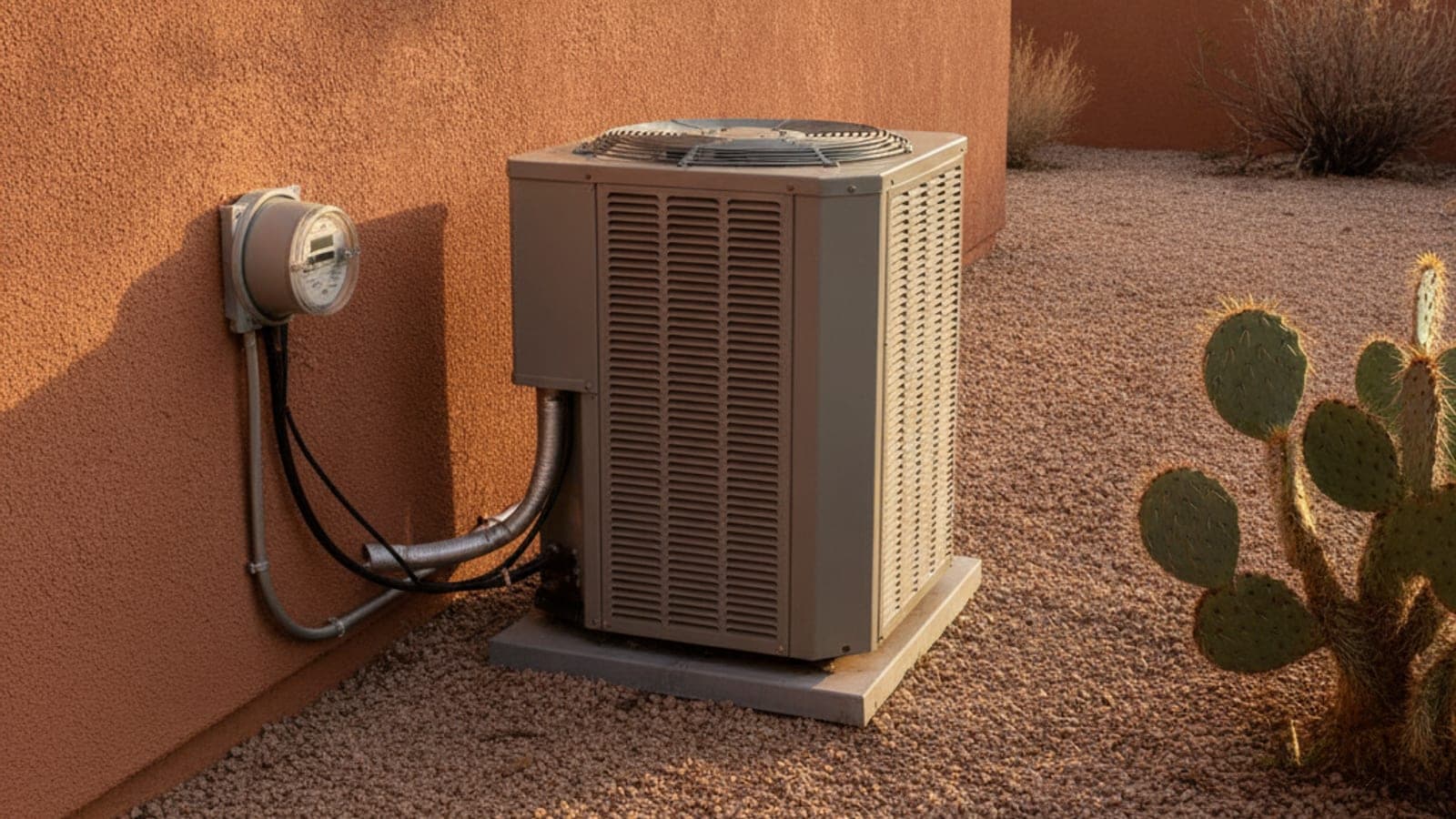 Casa en Tucson con un condensador en el suelo y un medidor de gas a lo largo de una pared de estuco con luz del desierto