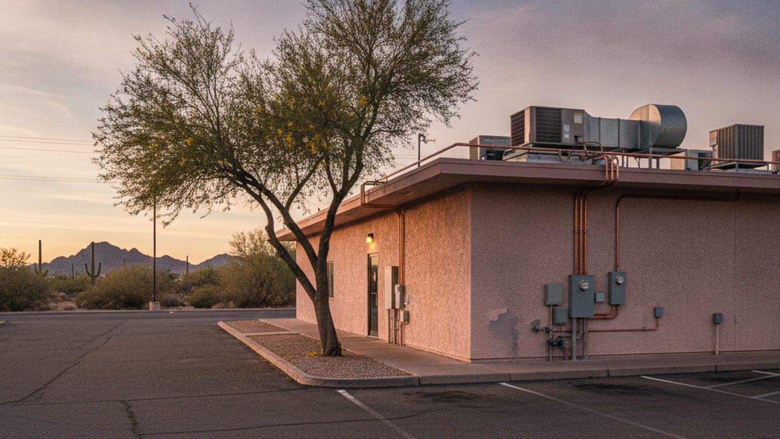 Edificio de un restaurante en Tucson con techo plano, unidades de aire en el techo y un extractor de cocina al atardecer