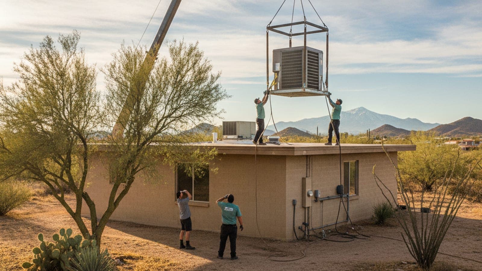 Grúa levantando una unidad compacta de aire acondicionado hacia el techo plano de una casa de block en Tucson bajo el sol brillante de Sonora