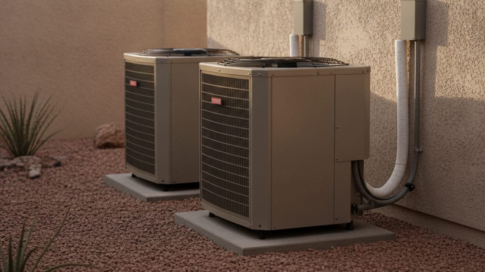 Dos unidades exteriores de bomba de calor sobre bases junto a una pared de estuco en un patio lateral angosto de Tucson