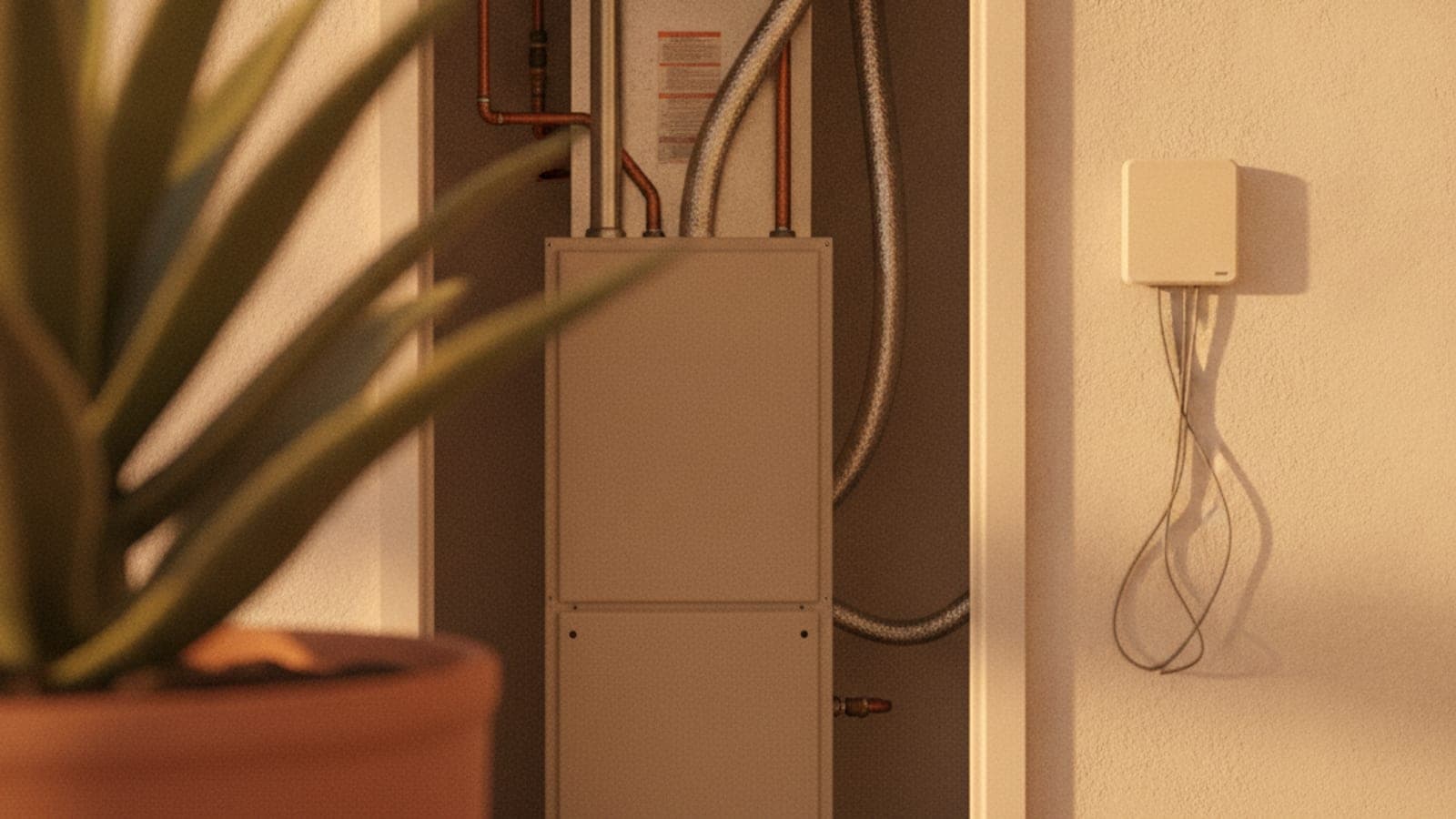Calefactor de gas en un clóset de servicios pequeño de una casa de Tucson, con el panel de acceso cerrado y un termostato en la pared cercana