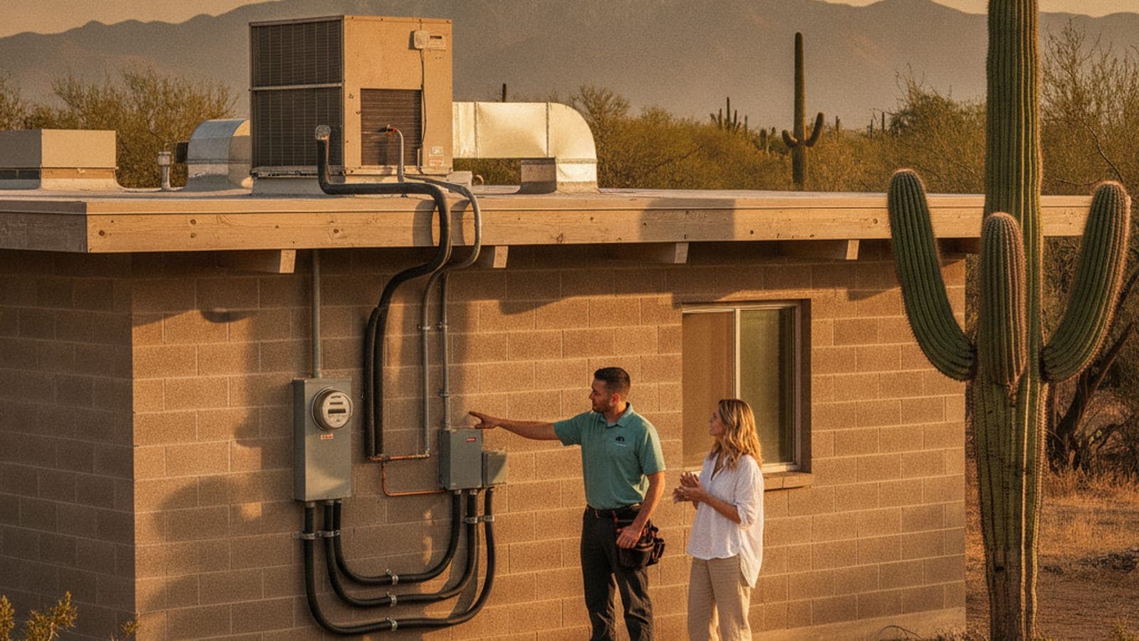 Casa de slump block de un piso con techo plano y un saguaro en el jardín delantero, con luz cálida de atardecer en Tucson