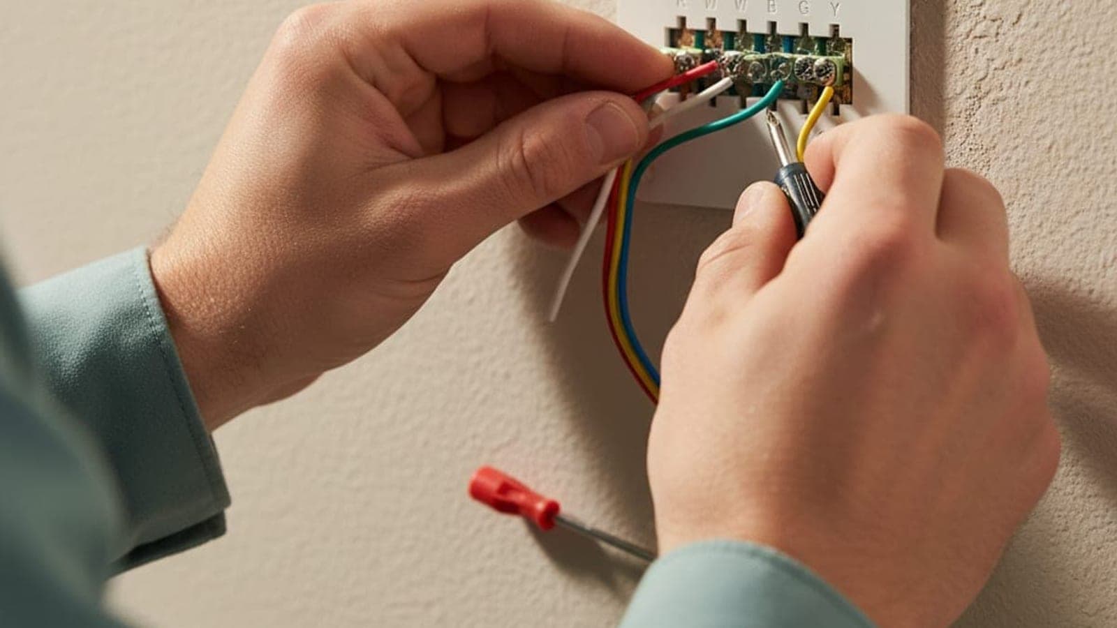 Las manos de un técnico conectan cables de bajo voltaje de colores a las terminales de un termostato