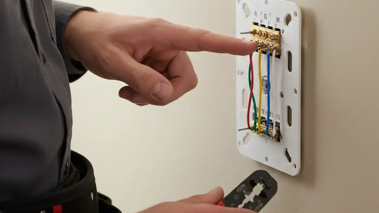 Un técnico señala las terminales de cables en la base de un termostato, con pinzas pelacables en la mano