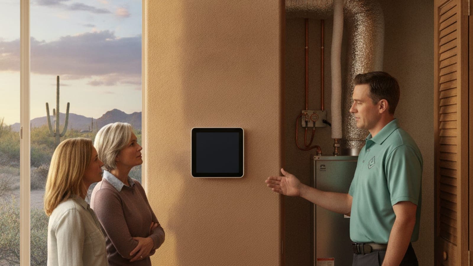 Termostato inteligente en la pared de una sala en una casa de Tucson con el clóset del manejador de aire de una bomba de calor cerca