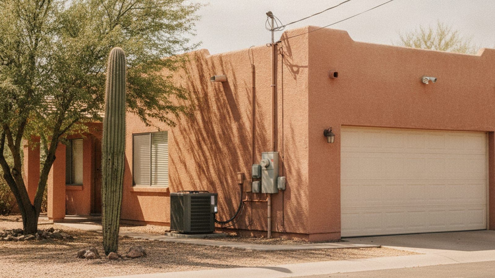 Casa de estuco tranquila en Tucson con las persianas cerradas en el verano, la puerta de la cochera cerrada, un palo verde y un saguaro bajo el sol fuerte del mediodía