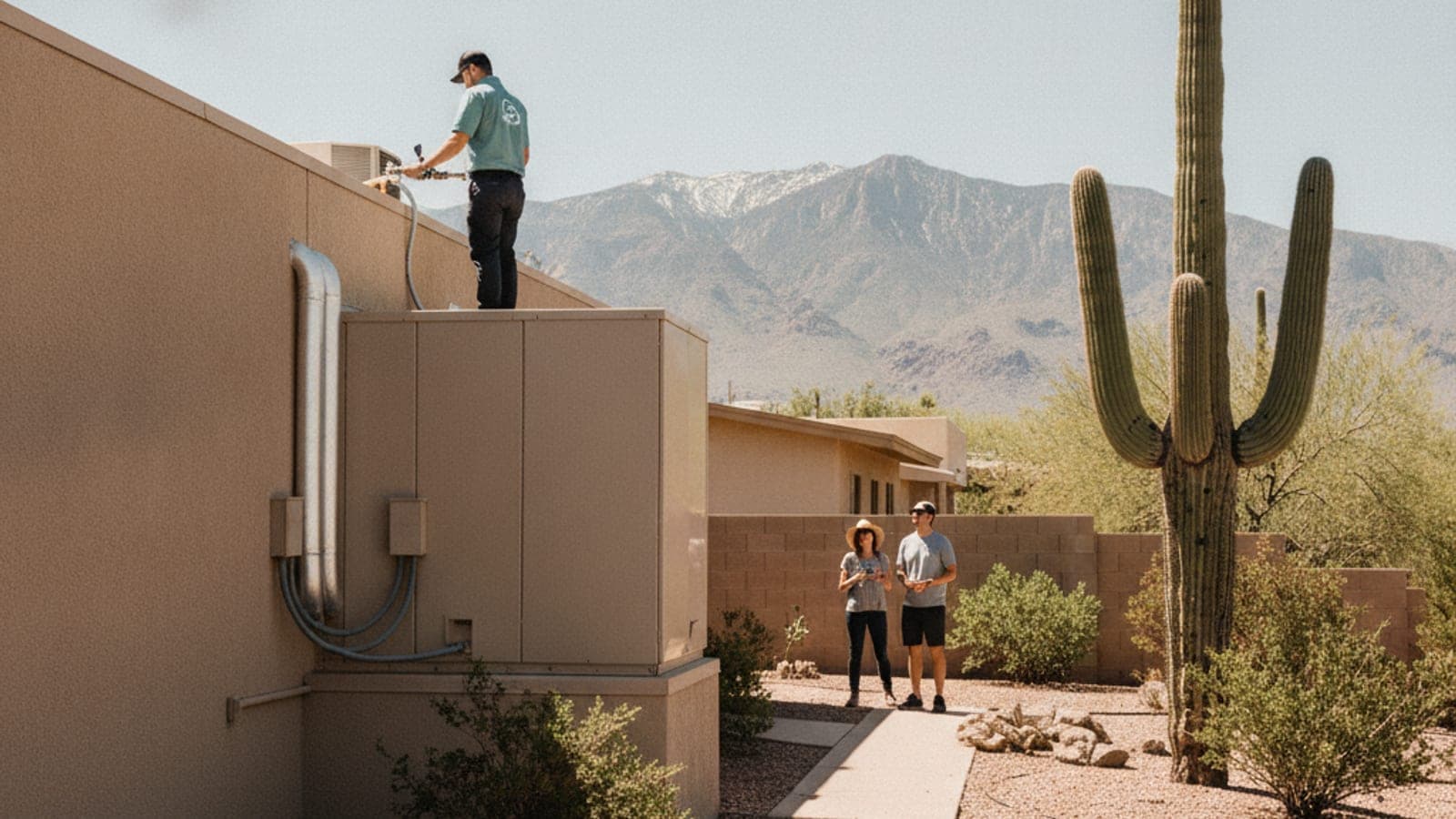 Casa de techo plano en Tucson con una unidad tipo paquete en la azotea y un saguaro en el patio bajo la luz brillante del desierto