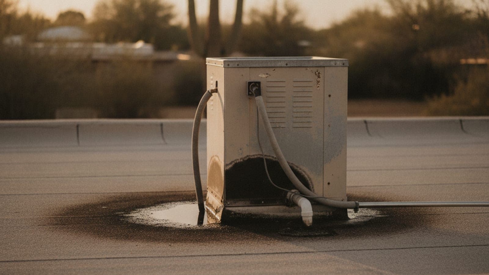 Casa de estuco de techo plano en Tucson con un enfriador evaporativo en el techo y una mancha oscura de agua en la superficie del techo debajo, con un saguaro en el patio