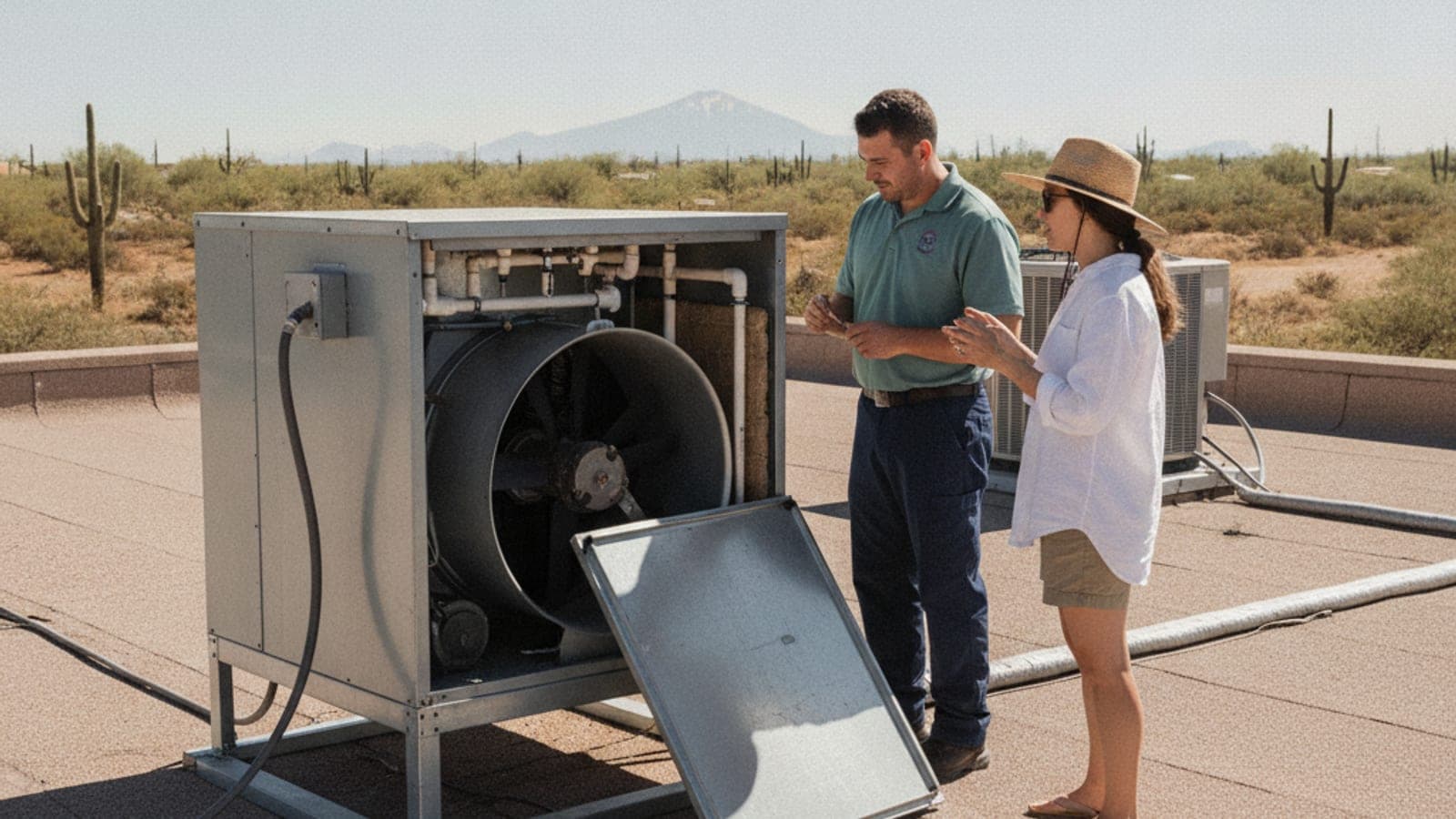 Enfriador evaporativo en el techo con el panel lateral quitado, en un techo plano de Tucson bajo el sol fuerte del desierto