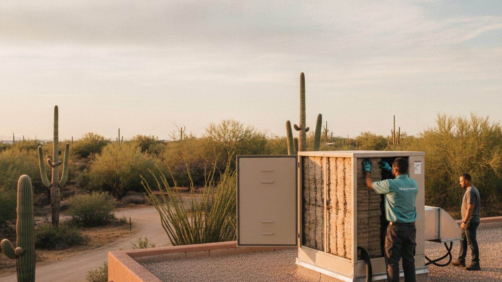 Enfriador evaporativo en el techo con el panel lateral abierto, en una casa de estuco de techo plano en Tucson, con saguaro y palo verde abajo bajo una luz dura de desierto