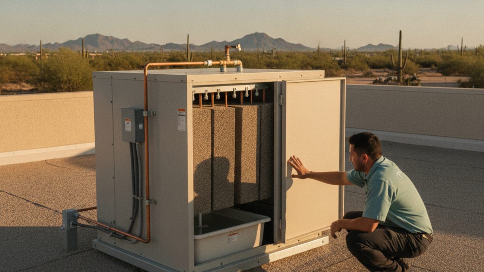 Panel abierto de un enfriador evaporativo en un techo de Tucson que muestra filtros húmedos y una bomba pequeña en el depósito, con sol del desierto