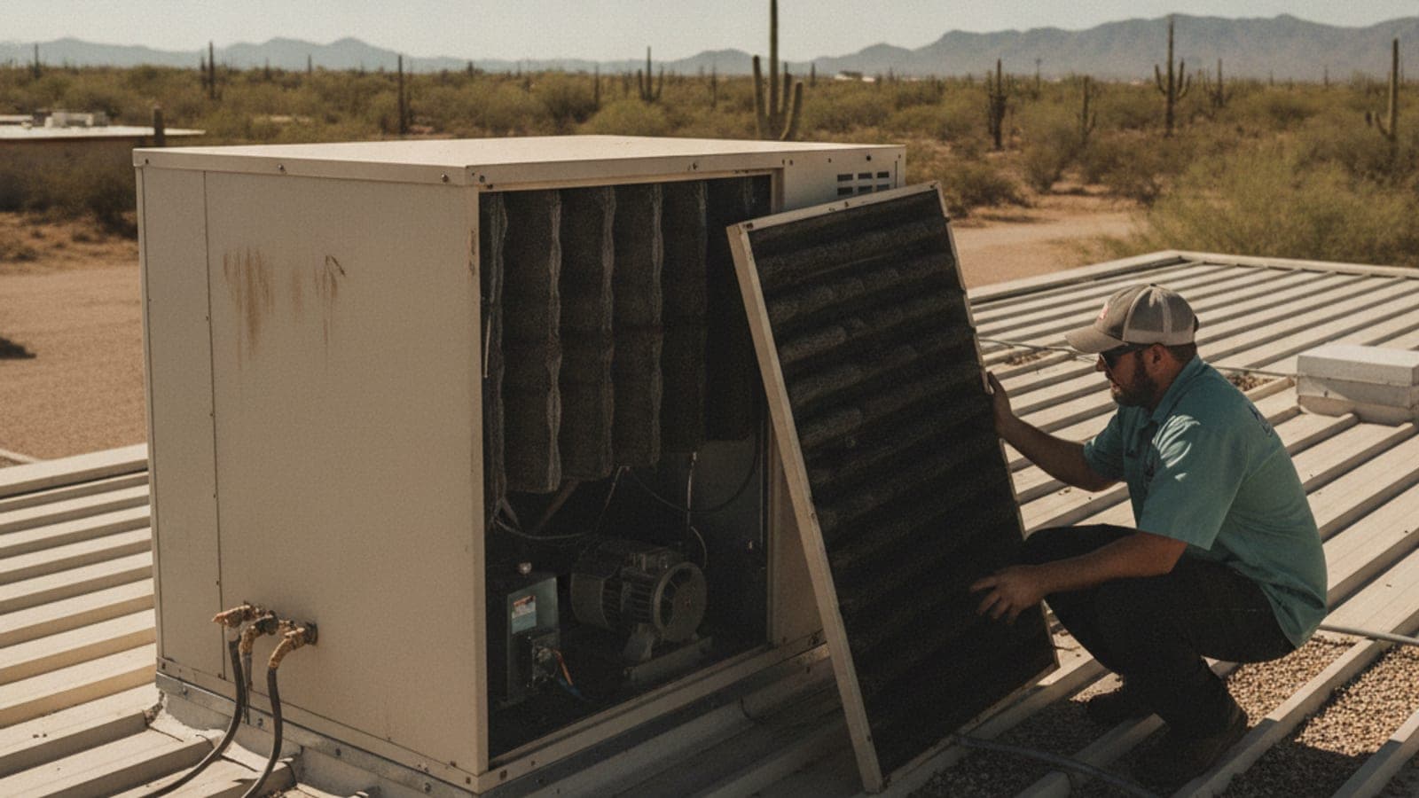 Enfriador evaporativo en un techo plano de Tucson con el panel de almohadillas quitado bajo la luz brillante del desierto