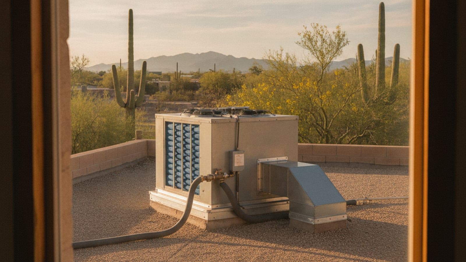 Enfriador evaporativo en el techo plano de una casa de bloques en Tucson, con un saguaro y un palo verde abajo bajo la luz de la primavera