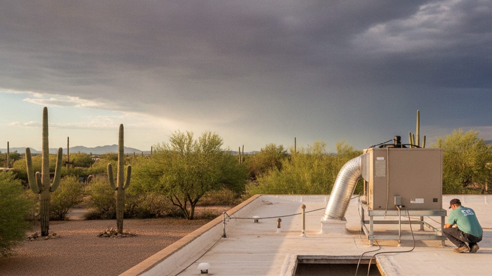 Enfriador evaporativo en el techo plano de una casa de estuco en Tucson bajo nubes de monzón con un palo verde en el patio