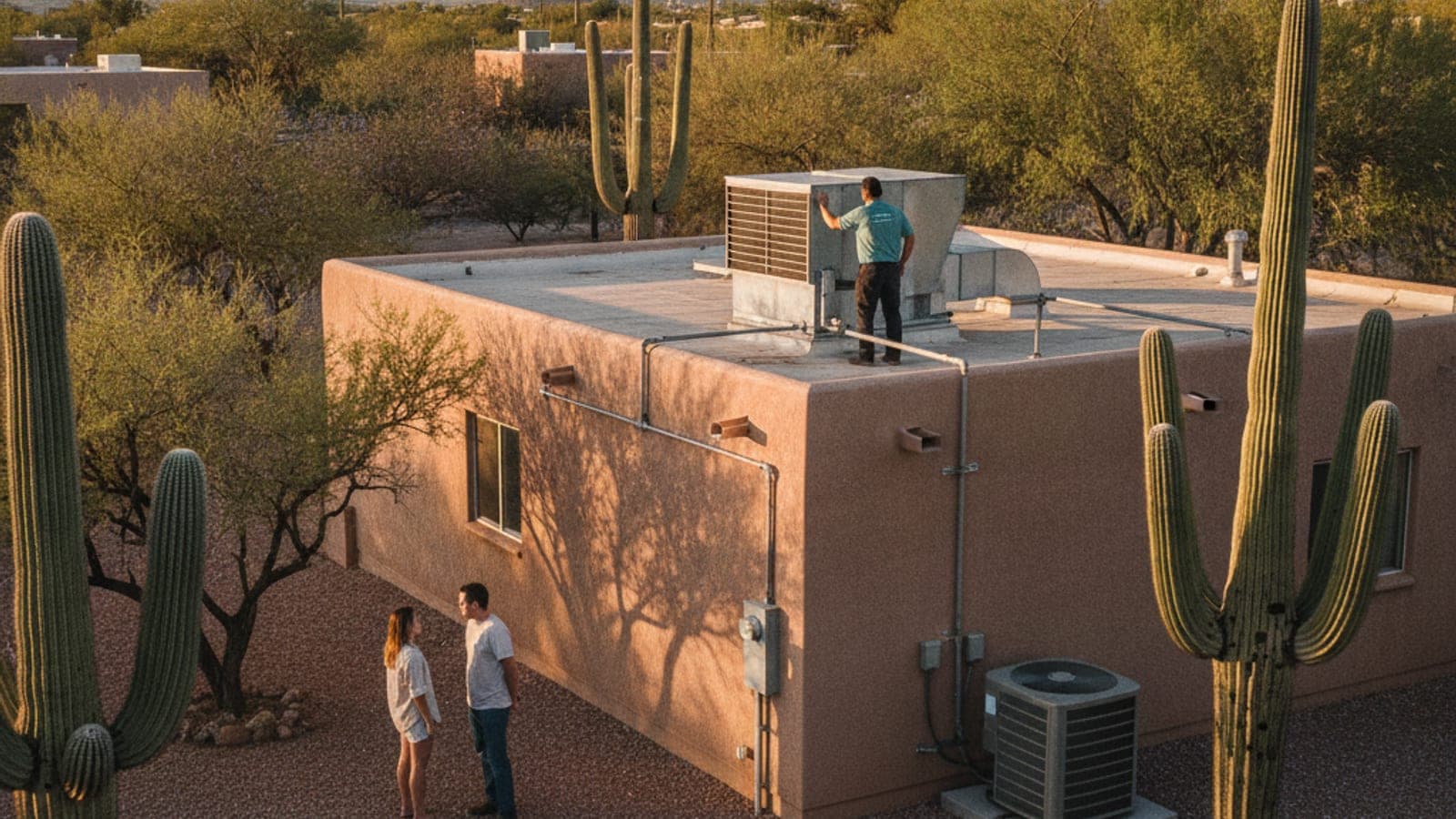 Casa de estuco con techo plano en Tucson con un enfriador evaporativo en el techo bajo el sol fuerte del desierto, con un saguaro y un palo verde en el patio