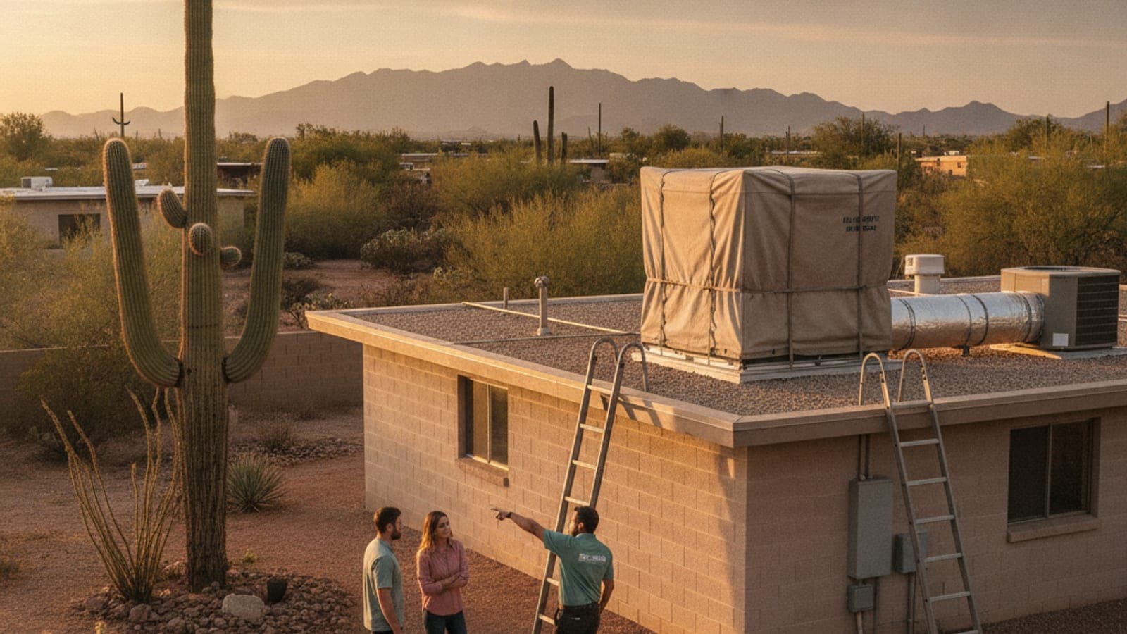 Enfriador evaporativo en el techo plano de una casa de bloque en Tucson con una cubierta de invierno y un saguaro en el patio