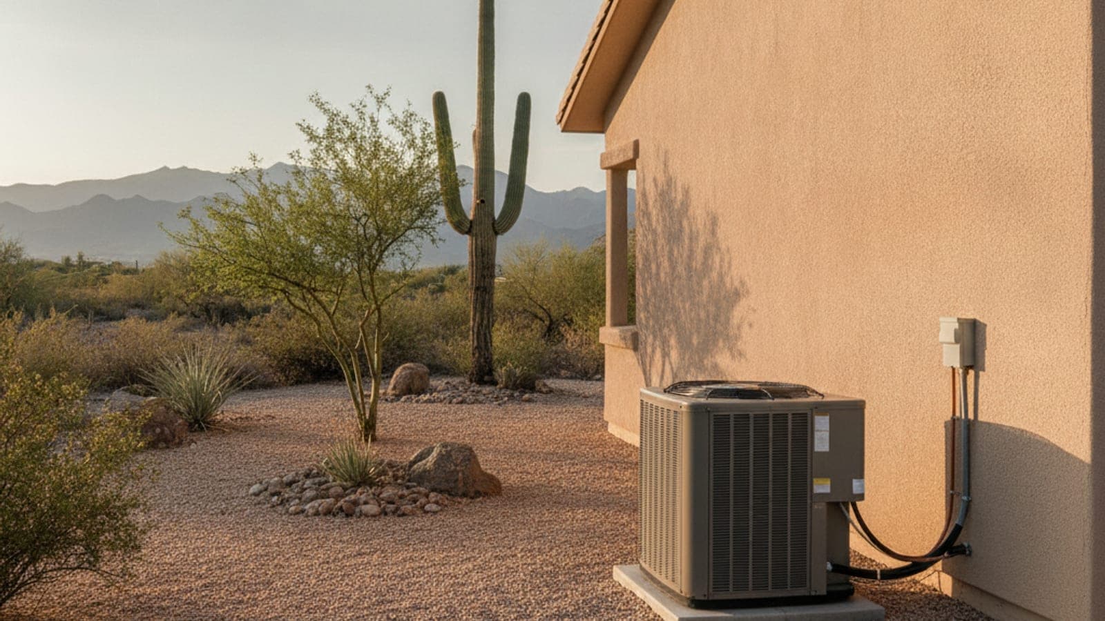 Casa de estuco en Tucson con el condensador de una bomba de calor sobre una base de grava, un saguaro y un palo verde bajo luz cálida de desierto