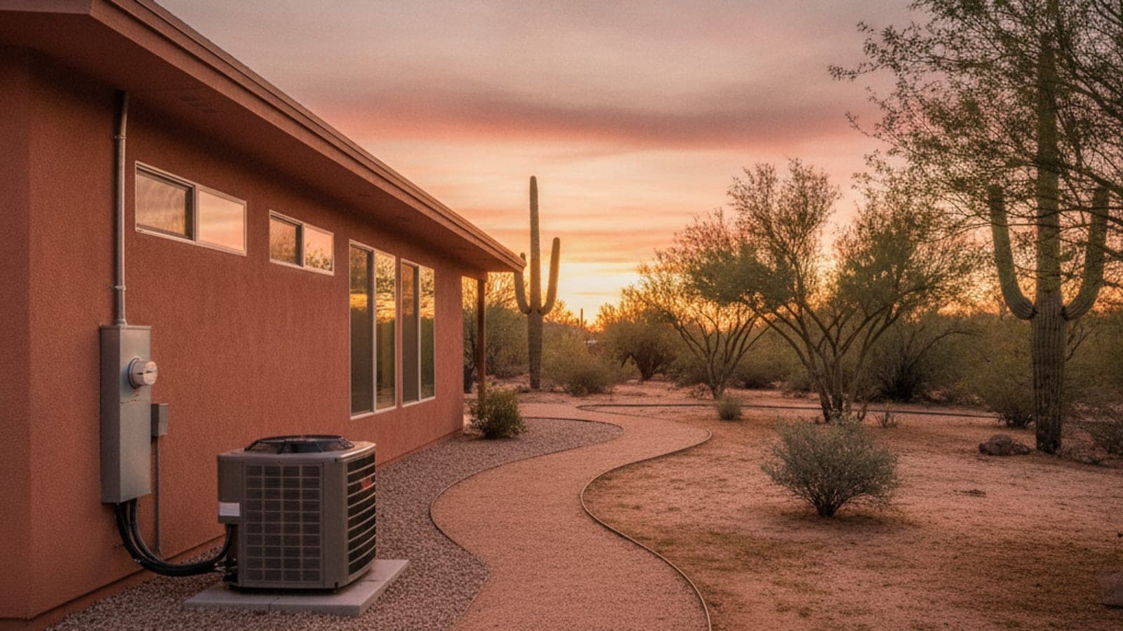 Casa de estuco en Tucson al atardecer con un condensador de AC sobre el suelo, un saguaro y un palo verde en el patio