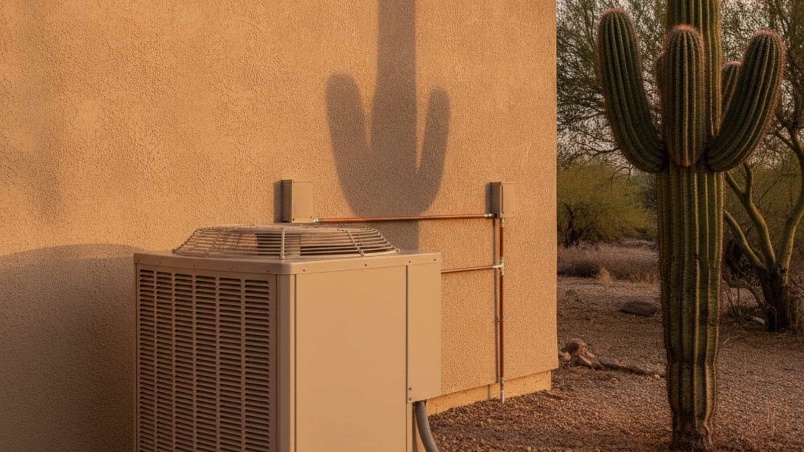 Condensador de una bomba de calor junto a una casa de estuco en Tucson, con un saguaro y un palo verde en el patio