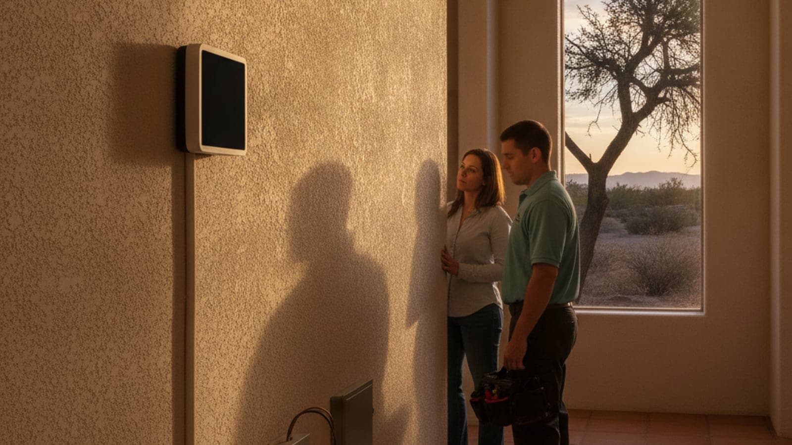 Termostato programable en un pasillo de Tucson con luz cálida de desierto al final de la tarde sobre una pared de estuco