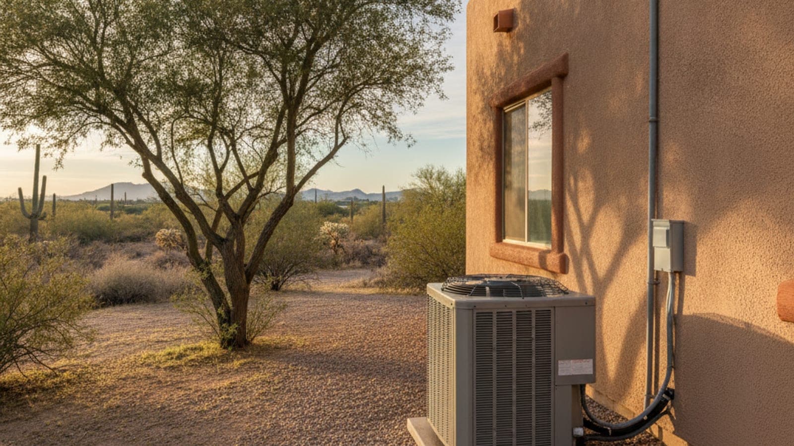 Luz de la madrugada sobre una casa de estuco de Tucson con el condensador de una bomba de calor sobre una base de grava y un mezquite cerca